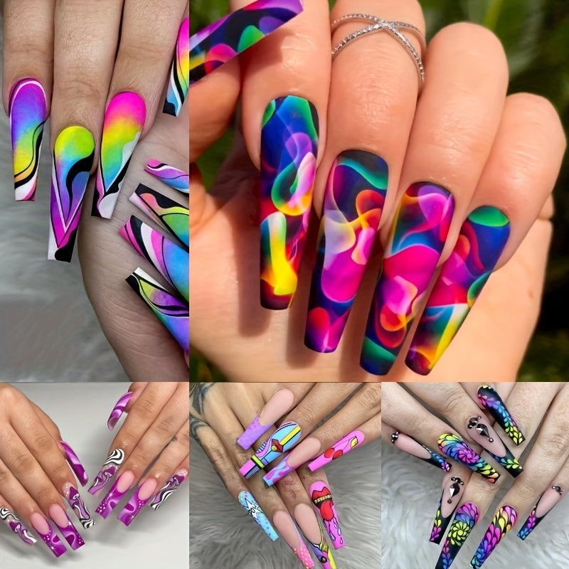 120pcs Acrylic Press On Nails Long Coffin Fake Nails with Nails Glue Long Ballet False Nails with Water Ripple Rainbow Designs Colorful Full Cover Artificial Nails Press Ons Stick On Nails 24pcs